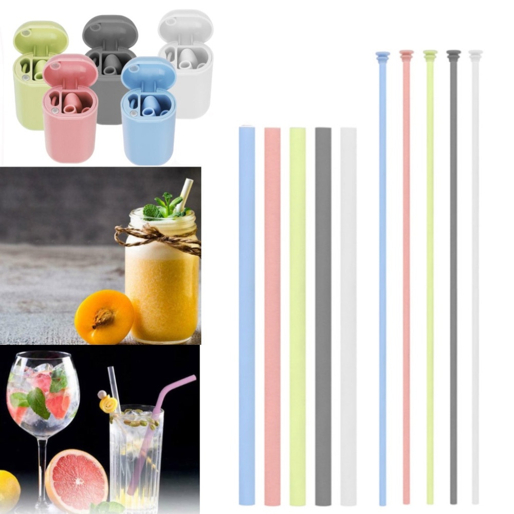 5 Pack Reusable 9.2" Silicone Drinking Straws Set
